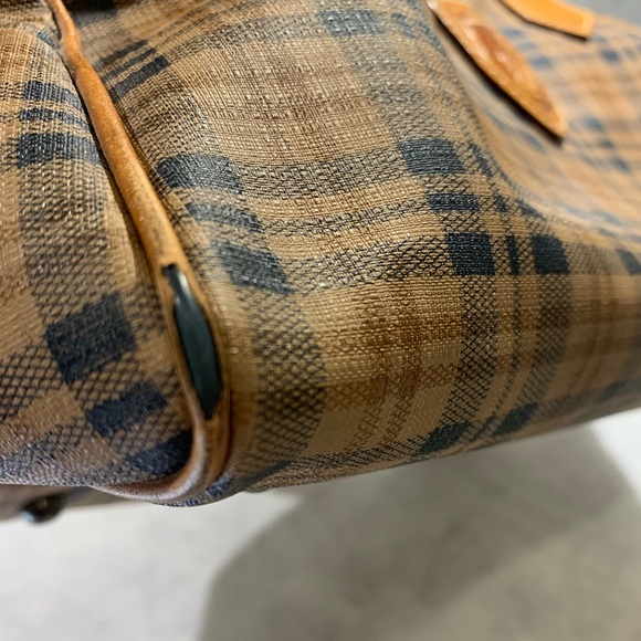 Kirino Collection plaid tan and navy leather bag roomy with inside pocket - Picture 12 of 16